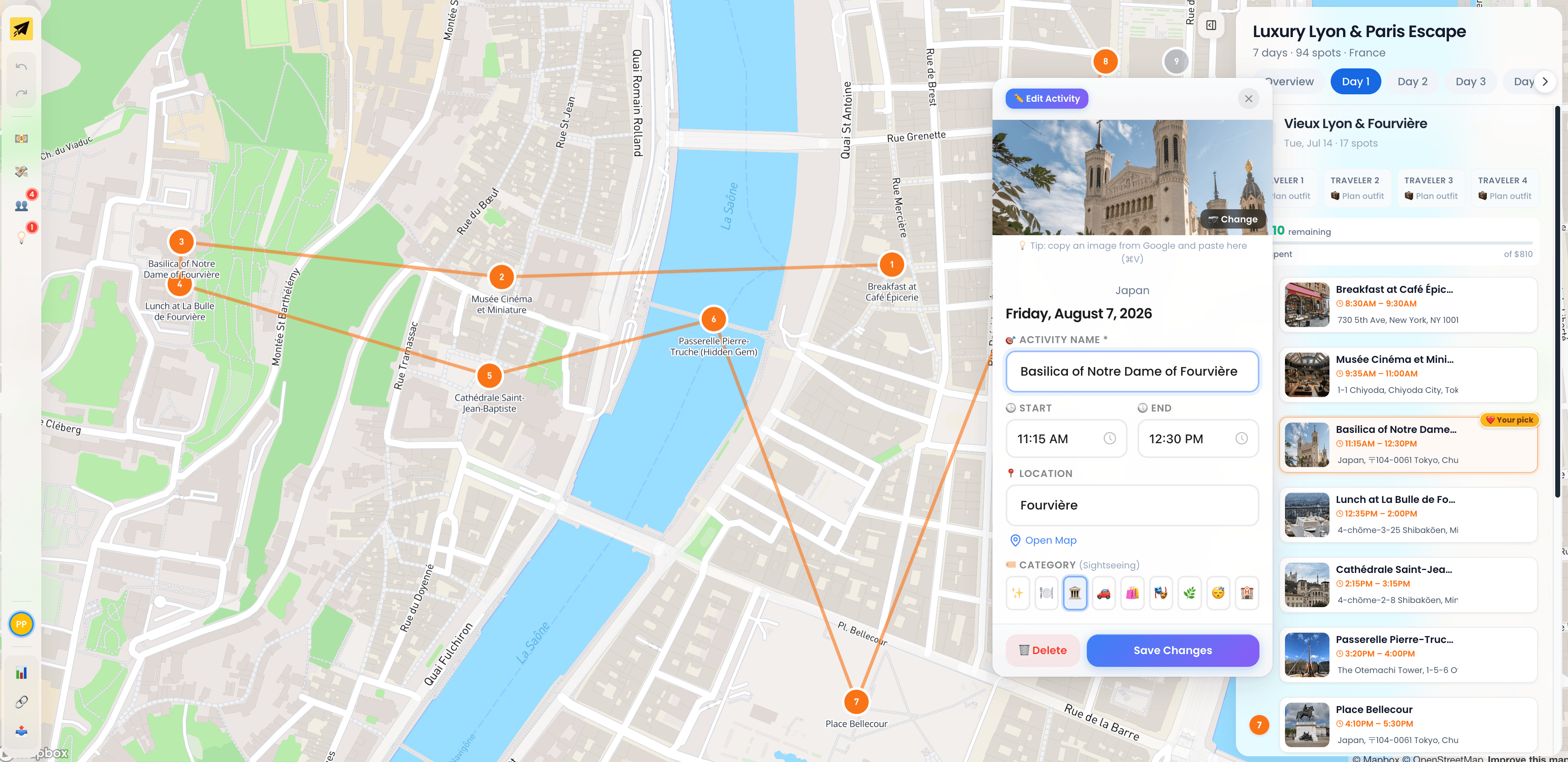 Planifly trip itinerary with interactive map view