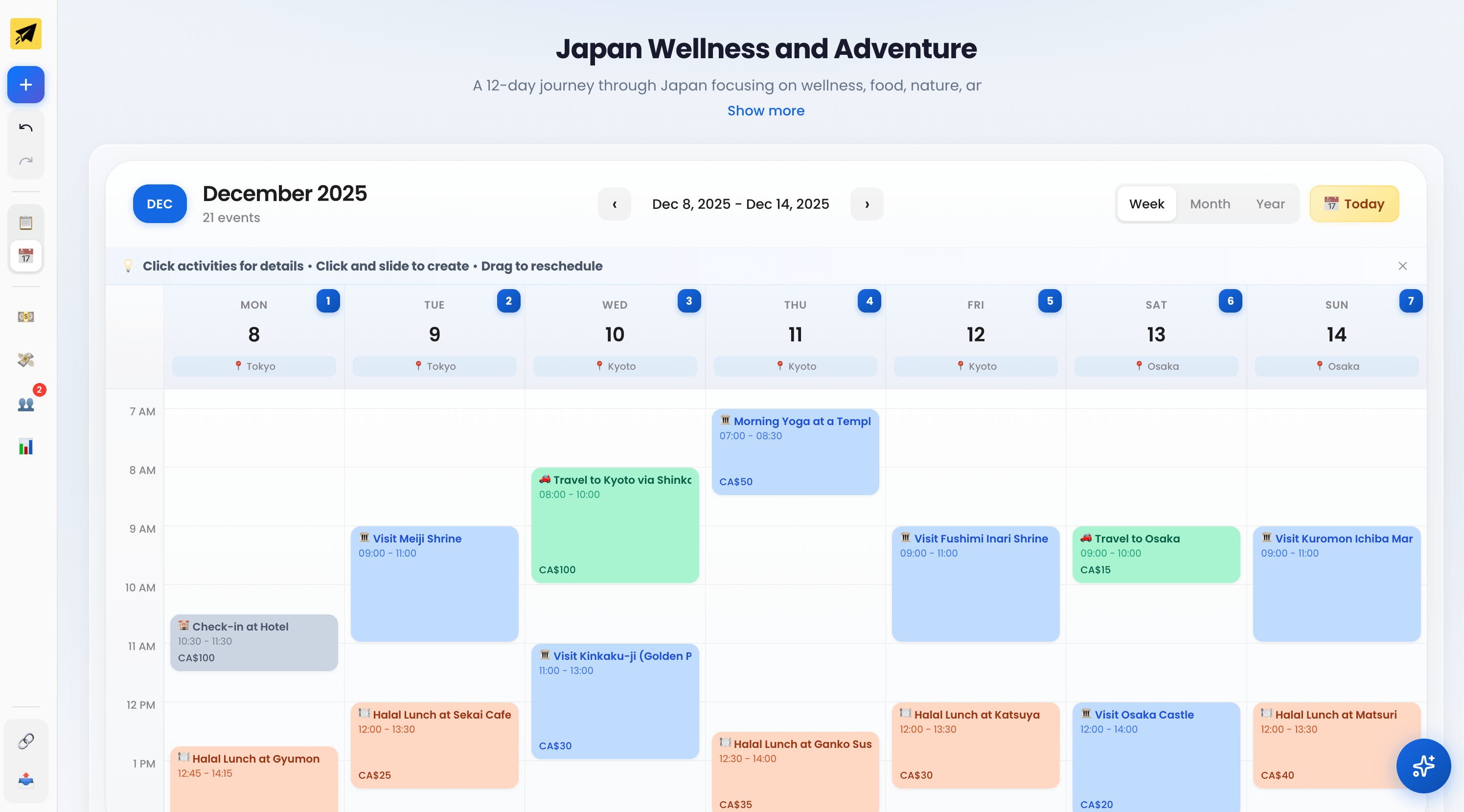 Complete trip itinerary with day-by-day planning, activities, and budget tracking
