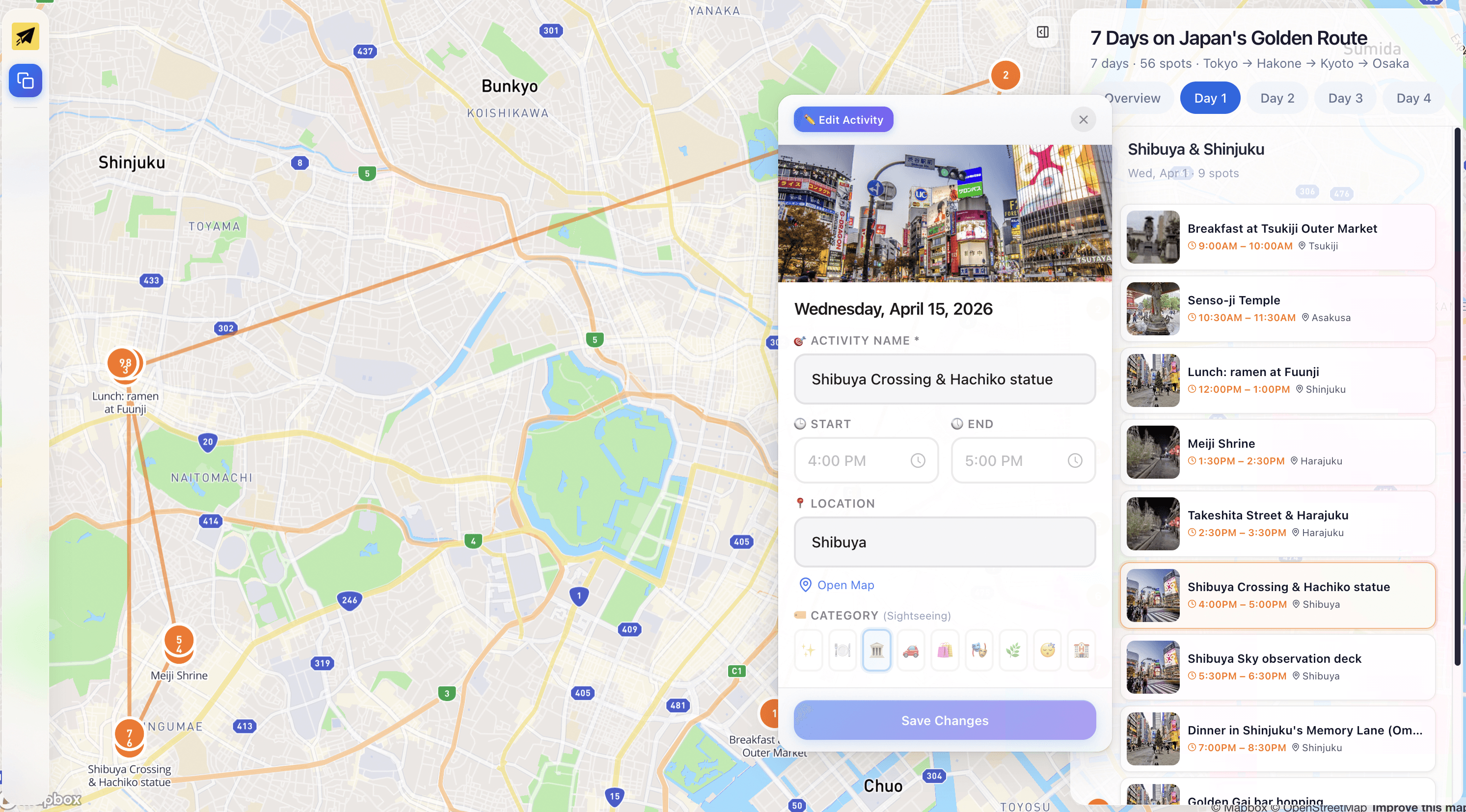 Planifly trip itinerary with interactive map view